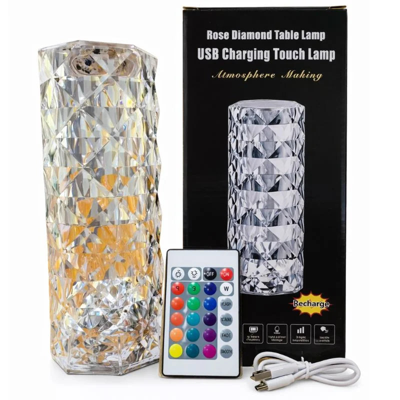 16 Colors Diamond Rose Crystal Touch Lamp | USB Rechargeable Bedside Lamp with Remote