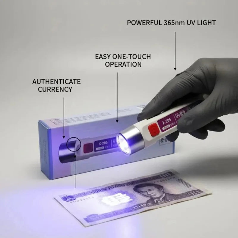 UV Currency Checker Rechargeable Light |  K-206 365nm | Portable UV Torch for Banknote Security Features, Fluorescent Detection & Inspection